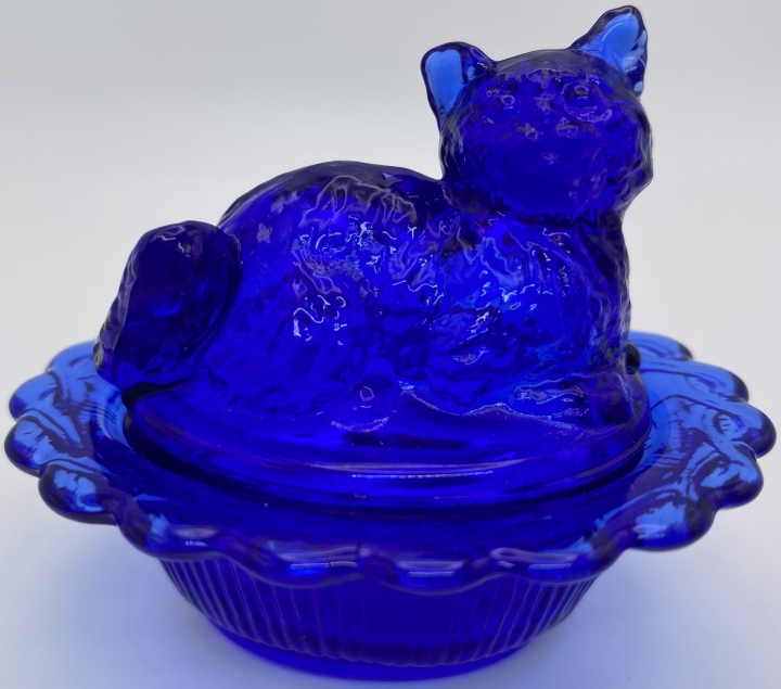 Mosser Glass 235Cobalt Cat on Basket 235 Cobalt Blue