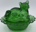 Mosser Glass 235HunterGreen Cat on Basket 235 Hunter Green