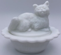 Mosser Glass 235MilkStn Cat on Basket 235 Milk Satin