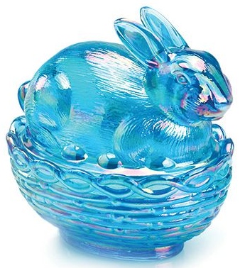 Mosser Glass 412BColonialBlueCarn Bunny on Basket Rabbit 412 Colonial Blue Carnival
