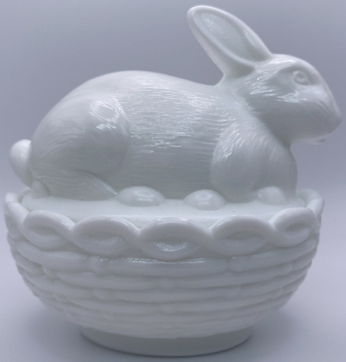 Mosser Glass 412BMilk Bunny on Basket Rabbit 412 Milk
