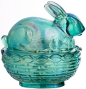 Mosser Glass 412BTealCarn Bunny on Basket Rabbit 412 Teal Carnival