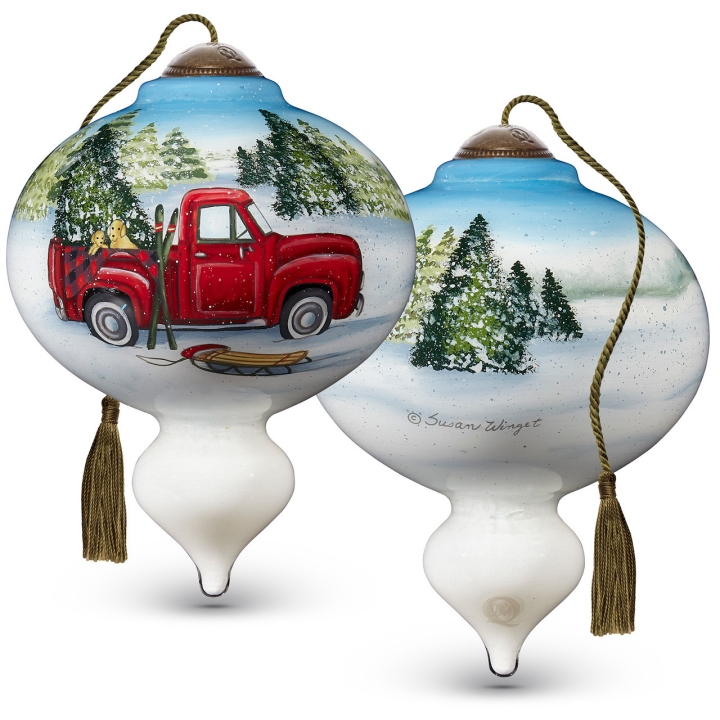 Ne'Qwa Art 7221135N Red Truck With Skis And Puppies Ornament