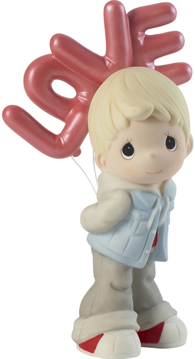 Precious Moments 202002 Boy Holding Red LOVE Balloons Figurine Brunette Hair