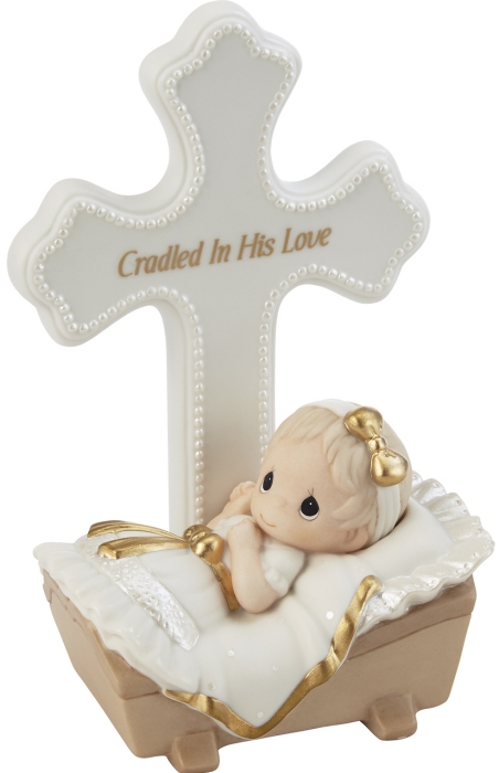 Precious Moments 212401 Baby In Cradle Baptism Cross - Girl