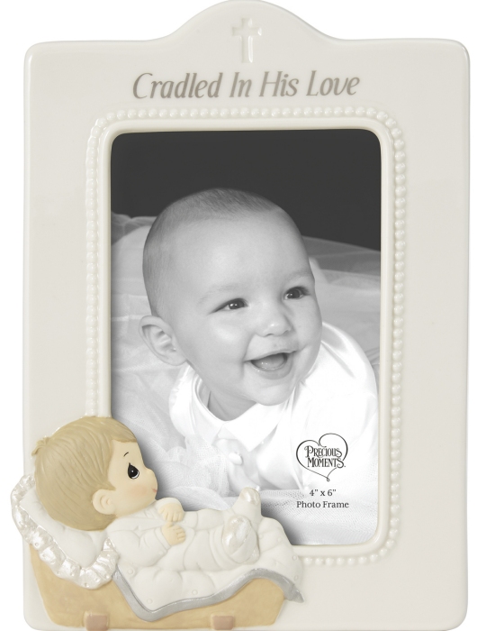 Precious Moments 212404 Baby In Cradle Baptism Photo Frame - Boy