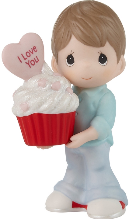 Precious Moments 222002E Brunette Boy Holding Red Velvet Cupcake Figurine