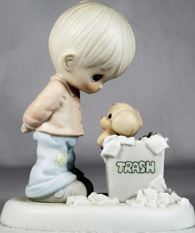 Precious Moments PM-882 Boy Finds Puppy in Trash Bin Figurine