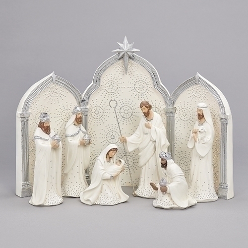 Roman Holidays 133013 Nativity Figurine Silver Dot Ivory With Triptych - No Free Ship