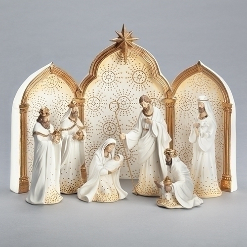 Roman Holidays 133014 Nativity Figurine Gold Dot Ivory With Triptych - No Free Ship