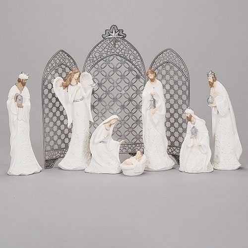Roman Holidays 134430 Nativity Figurine White With Pearl Leaf Pattern 7 Piece Set - No Free Ship