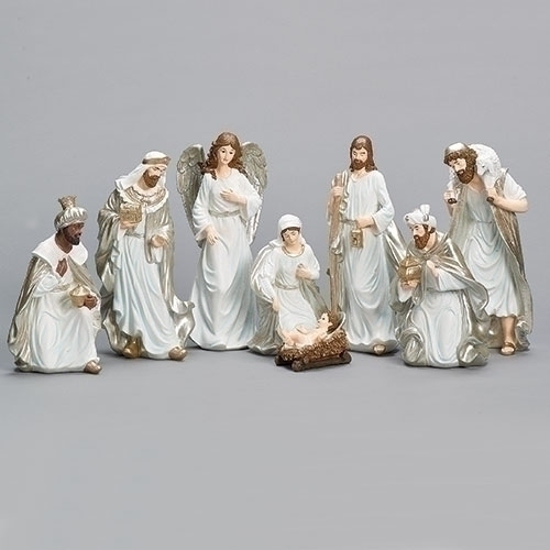 Roman Holidays 134441 Nativity Figurine Champagne Color With White Glitter 8 Piece Set - No Free Ship