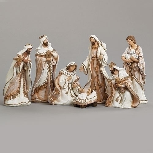 Roman Holidays 134464 Nativity Figurine Woven Gold Trim 7 Piece Set - No Free Ship