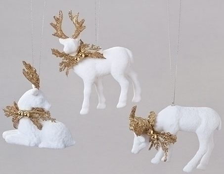 Roman Holidays 134770 Ivory Flocked Deer Set of 3 Wreath Ornaments