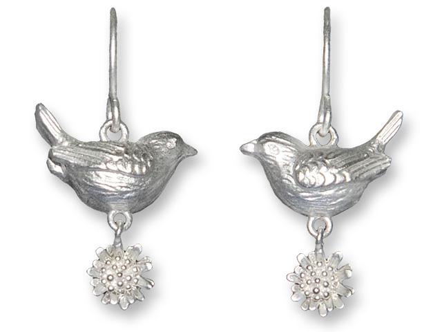 Zarah Co Jewelry 8905S1 Bird and Daisy-Silver Earrings