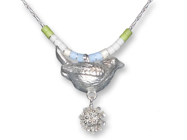 Zarah Co Jewelry 8905S7 Bird and Daisy-Silver Necklace
